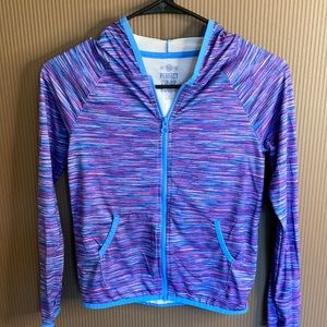 So zip up hooded jacket size 7/8 pink/blue/purple